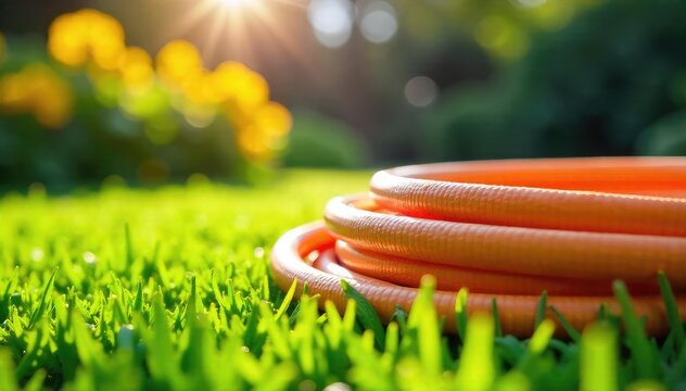 Close-up of a vibrant, coiled garden hose against a sun-drenched summer lawn, ready for watering Perfect for summer projects and outdoor living imagery , day, sun