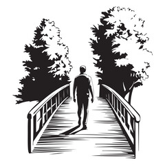 Silhouette of a man standing between two trees with a bench next to one tree