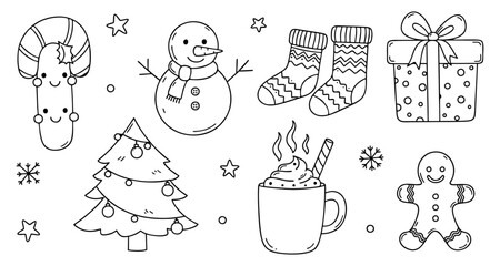 Snowman and Christmas Gifts Line Art – Winter Holiday Vector Illustration
