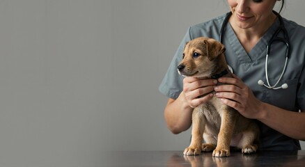 Woman veterinarian holding cute puppy on examination table. Pet care and animal health concept for veterinary clinic or hospital.