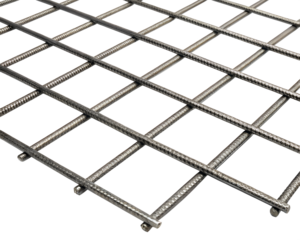 Metal grid structure with a series of square openings. The grid is isolated on a transparent background, showcasing its design and texture.