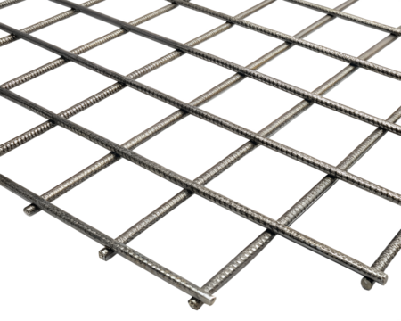 Metal grid structure with a series of square openings. The grid is isolated on a transparent background, showcasing its design and texture.
