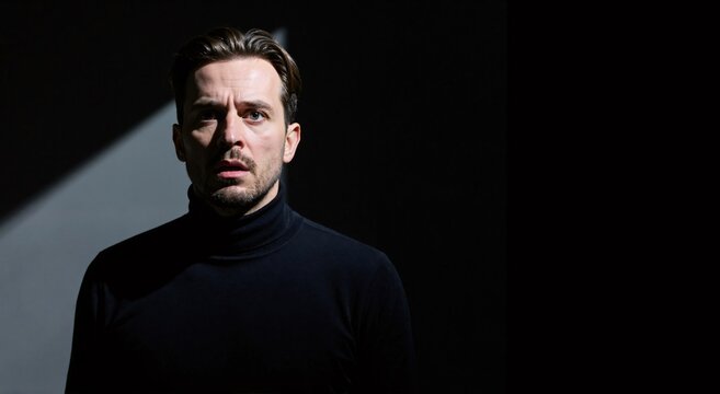Caucasian man with a concerned expression looking at the camera in a dark, dramatic setting. Concept of uncertainty, questioning, and deep thought.