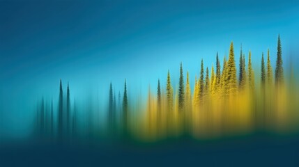 Obraz premium Serene Autumn Landscape with Blurred Pine Trees Against a Vibrant Blue Sky Reflecting the Calmness of Nature's Beauty in Its Purest Form