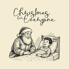 Heartwarming Santa Claus visiting child vector illustration, hand-drawn sketch in vintage Christmas theme perfect for greeting cards and prints.
