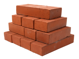 A stack of red bricks arranged in a pyramid shape. The bricks are rectangular and have a rough texture. The background is transparent, isolating the bricks.