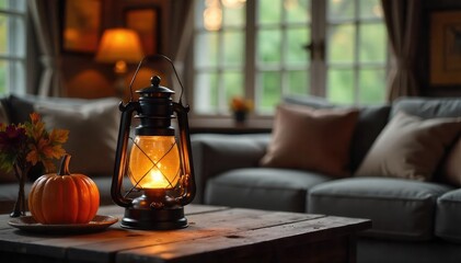 Cozy living room scene featuring a warm, glowing lantern on a rustic wooden table, casting a soft light on surrounding decor Perfect for home, comfort, and autumn themes , autumn, vintage, interior