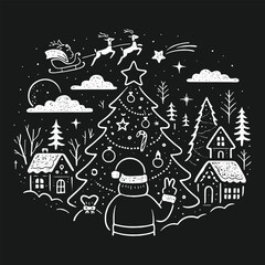 Hand-drawn Christmas night scene vector with Santa sleigh, tree, and winter village, festive black and white sketch for holiday cards and prints.