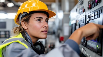 A focused female engineer in a hard hat and safety gear operates machinery in a modern industrial setting