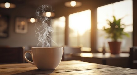 Steaming hot coffee cup on a wooden table bathed in warm golden sunlight from a window