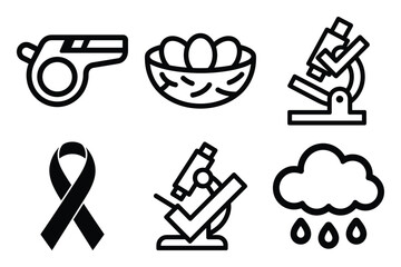 Diverse collection of outline icons: whistle, nest, microscope, ribbon, and rain cloud
