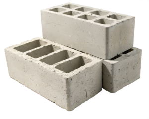 Three concrete blocks stacked on a transparent background. The blocks are gray with hollow sections, showcasing a rough texture and industrial design.