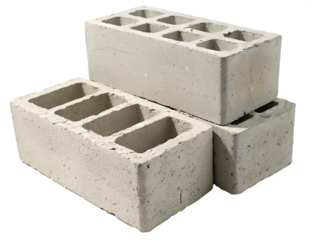 Three concrete blocks stacked on a transparent background. The blocks are gray with hollow sections, showcasing a rough texture and industrial design.