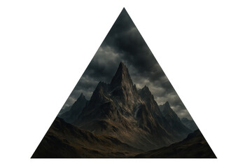 Dangerous mountain peaks under dark storm clouds, a fantasy landscape in a triangle shape on transparent background