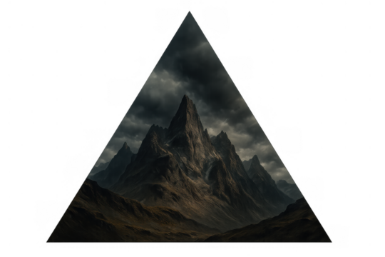 Dangerous mountain peaks under dark storm clouds, a fantasy landscape in a triangle shape on transparent background