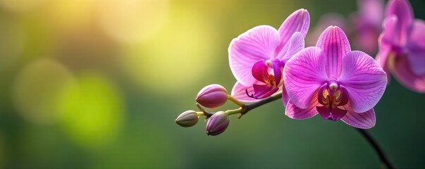 Fototapeta premium Delicate orchids sway gently in a summer breeze, their petals catching the light A vibrant display of nature's beauty and fragility against a blurred background , flora, vibrant