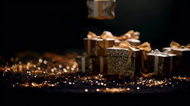 golden glittery gift boxes with golden ribbons and bows on a dark background with bokeh effect.