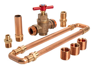 Copper plumbing fittings including a valve, pipes, and connectors on a transparent background. Isolated for easy use in design projects.