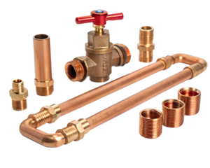 Copper plumbing fittings including a valve, pipes, and connectors on a transparent background. Isolated for easy use in design projects.
