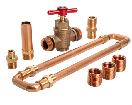 Copper plumbing fittings including a valve, pipes, and connectors on a transparent background. Isolated for easy use in design projects.