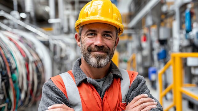 A confident male industrial worker smiles in a manufacturing facility