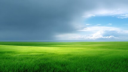 Fototapeta premium Expansive Green Field Under Dramatic Sky with Storm Clouds and Bright Blue Sky on the Horizon, Nature Landscape with Vibrant Colors