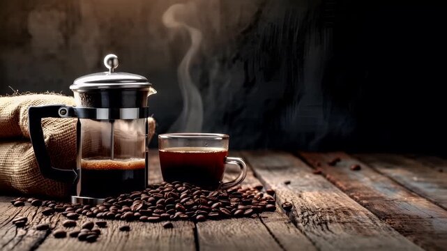 A closeup shot of a glass cup filled with dark liquid, possibly coffee, on a wooden surface. The cup is filled to the brim with the dark liquid. The background is dark and blurred.