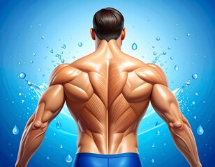 Detailed muscular back of a strong fit man with water droplets, symbolizing strength and hydration