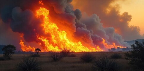 Fototapeta premium Fierce wildfire raging through dry brush, flames leaping high into the smoke-filled sky A dramatic scene of nature's destructive power Intense heat and glowing embers are visible , orange, black