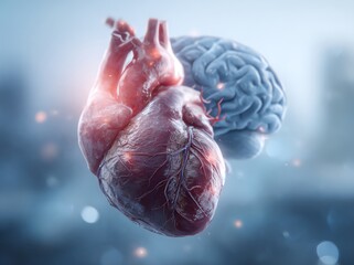 A striking visual representation combining the human heart and brain, symbolizing the interplay of emotions and intellect. Ideal for topics related to psychology and health.