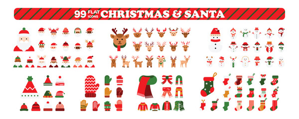 Christmas colored flat icon set, Santa and winter holiday solid vector pack. 99 minimal elements isolated on transparent background.