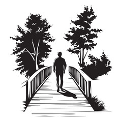 Silhouette of a man standing between two trees with a bench next to one tree