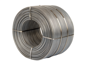 A coil of metal wire, tightly wound and secured with bands. The wire is shiny and silver, set against a transparent background for easy use in designs.