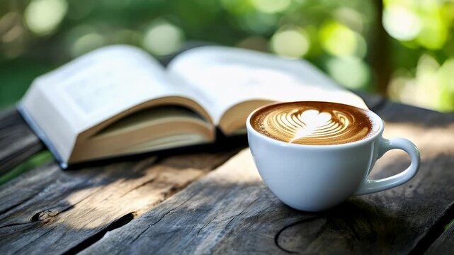 A closeup shot of a cup of coffee and an open book on a wooden table. The coffee is a latte art, with a heartshaped pattern on its surface. The book is open.
