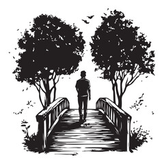 Silhouette of a man standing between two trees with a bench next to one tree