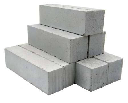 A stack of six concrete blocks arranged in a pyramid shape. The blocks are gray and have a rough texture. They are isolated on a transparent background.
