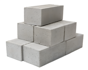 A stack of six gray concrete blocks arranged in a pyramid shape. The blocks are isolated on a transparent background, showcasing their texture and structure.