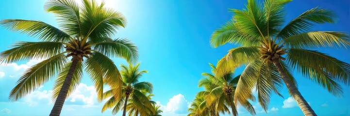 Fototapeta premium Idyllic sunny day scene featuring lush green coconut palm trees swaying gently in a tropical breeze, vibrant blue sky overhead Perfect for travel, vacation, or paradise themes , trees, beauty