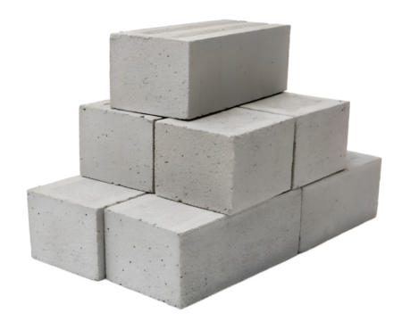 A stack of six gray concrete blocks arranged in a pyramid shape. The blocks are isolated on a transparent background, showcasing their texture and structure.