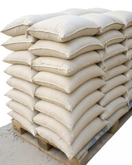 Stack of beige sacks on a wooden pallet. The sacks are filled with grain or flour, arranged neatly in several layers. Isolated on a transparent background.