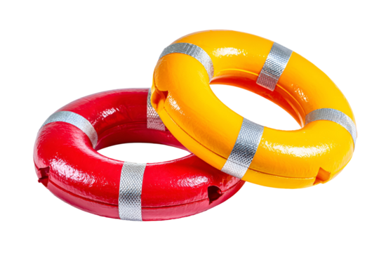 Two colorful inflatable life preservers on a black background