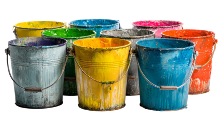 Collection of colorful metal paint buckets on a dark background