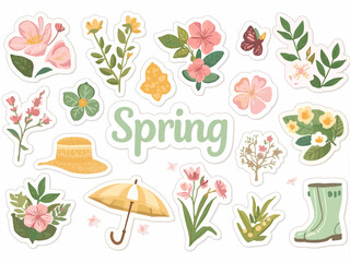 Spring Floral Sticker Set Flowers, Umbrella, Boots & Hat Illustration