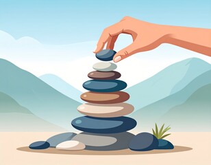 Achieving inner peace and perfect natural balance through careful stone stacking in a serene
