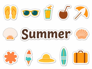 A colorful collection of summer vacation sticker icons, featuring beach essentials like a surfboard, sunglasses, and ice cream for holiday and travel concepts