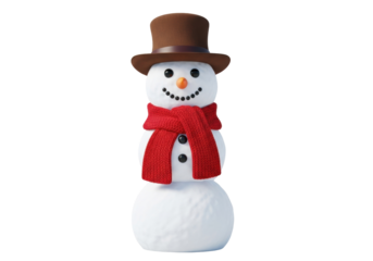 Festive snowman with brown hat and red scarf isolated PNG, winter holiday season decoration on transparent background