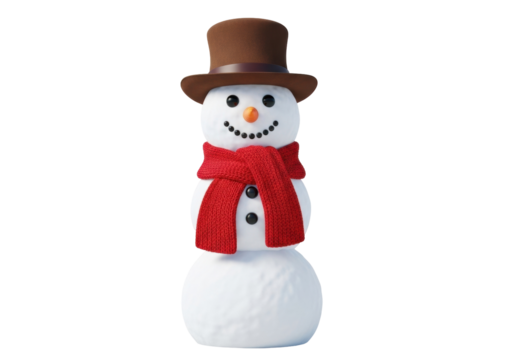 Festive snowman with brown hat and red scarf isolated PNG, winter holiday season decoration on transparent background