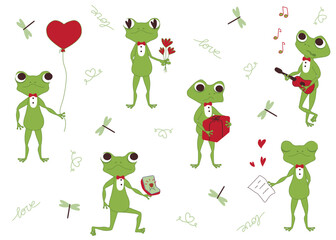 Cute romantic frog character clipart set featuring funny green frogs with hearts, flowers, gifts, and musical instruments, love-themed vector illustrations perfect for Valentine’s Day, greeting cards,