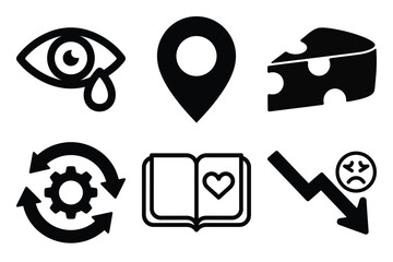 Collection of diverse vector icons: emotion, map, food, process, love, downturn