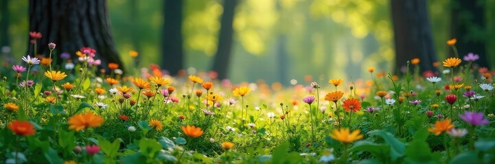 Fototapeta premium Lush wildflowers carpet a sun-dappled forest floor, creating a vibrant tapestry of color and texture Perfect for nature, spring, or environmental themes , wilderness, natural landscape, wildflowers